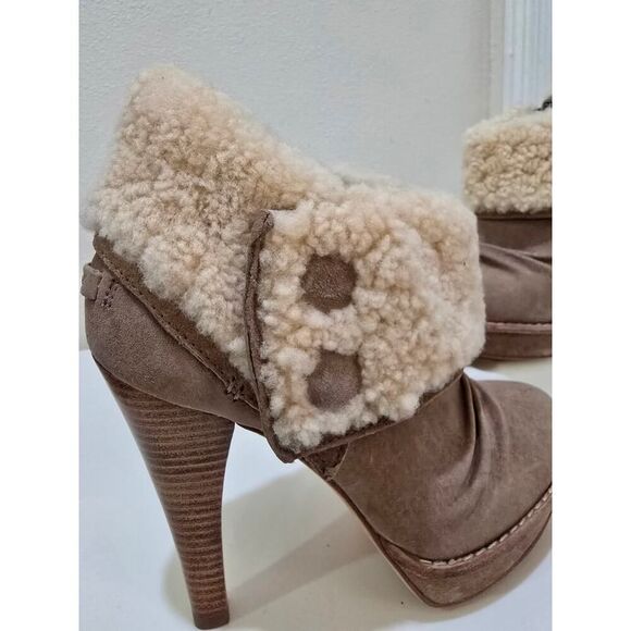 UGG Georgette Shearling Nubuck High Heel Booties Size 7 Cozy + Luxe Winter Chic - Picture 2 of 10